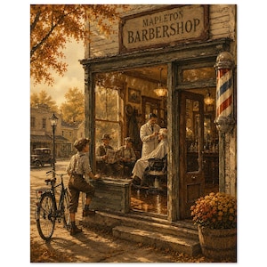 May include: A nostalgic scene of Mapleton Barbershop with a wooden storefront, a barber cutting a customer's hair inside, and a person standing outside next to a bicycle. The setting features warm autumn colors, a striped barber pole, and a wooden barrel.