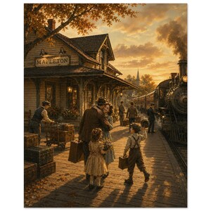 Może przedstawiać: Nostalgiczna scena na stacji kolejowej z napisem Mapleton, przedstawiająca parowóz, drewniany budynek dworca oraz kilka osób z bagażami. Ciepłe, złote światło zachodzącego słońca oświetla peron, pasażerów i tory kolejowe.