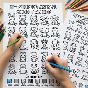 May include: A black and white "My Stuffed Animal Mood Tracker" coloring page with various animal illustrations. The page includes a color key with mood descriptions. Two hands are coloring the page with green and blue pencils. Colored pencils are in the background.