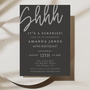 May include: A black and white invitation card with the text "Shhh It's a surprise! Join us to celebrate Amanda Jones 40th Birthday! Saturday August 12th at 6pm The Point Bar 123 Harbor Drive San Diego, CA RSVP to Amy at 544.366.9696 *Please arrive no later than 5:45 pm"