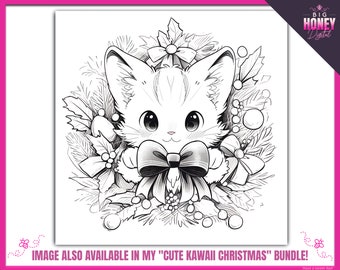 Lindo gatito navideño con un gran lazo - Descarga digital lista para imprimir / Presentado en el lindo paquete de arte para colorear navideño Kawaii de BigHoney