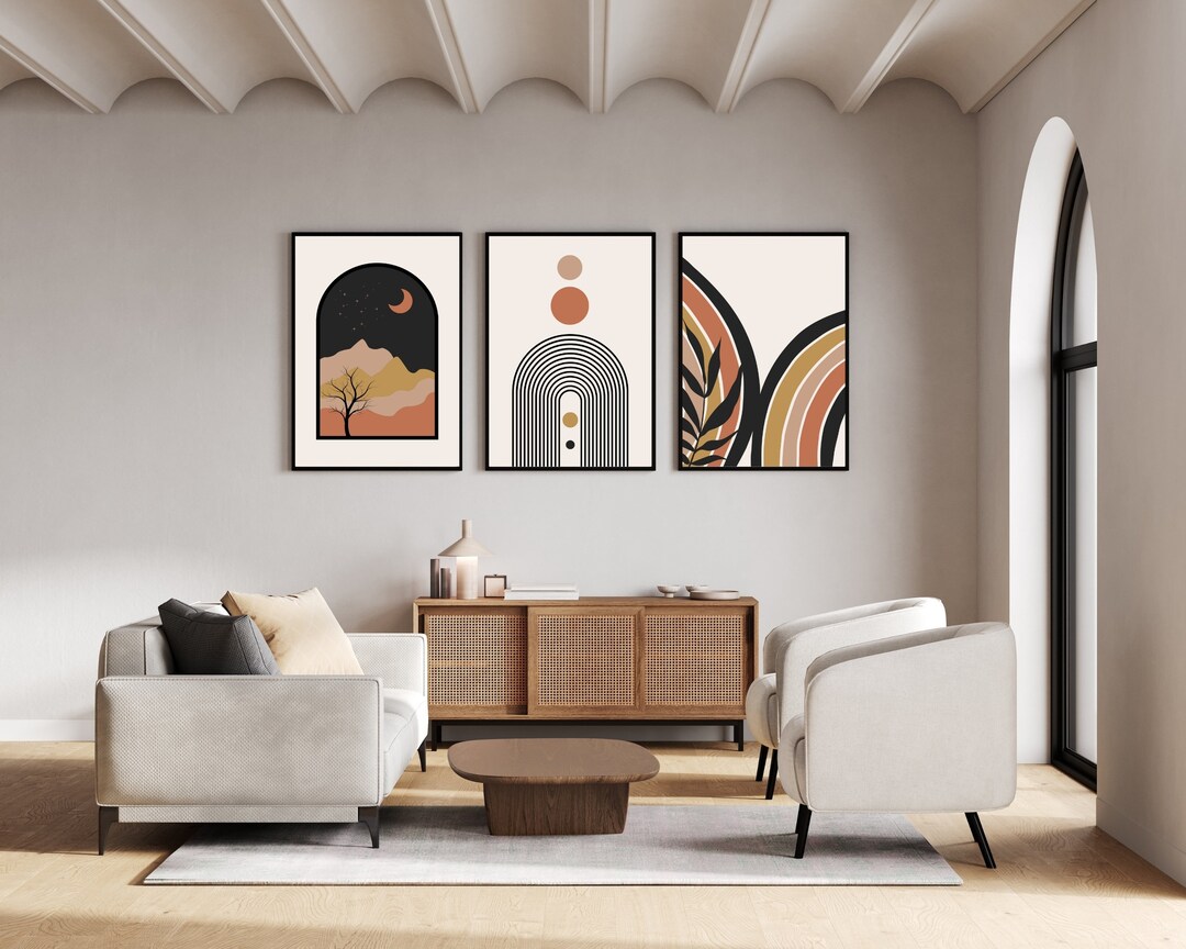 Mid Century Modern Wall Art Print Set of 3, Neutral Abstract Geometric ...