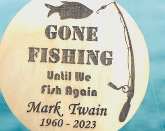 Gone Fishing & Fishing in Heaven Personalized Funeral Favor - Engraved Wood 2 inch Memorial Token to give guests at wakes and visitations