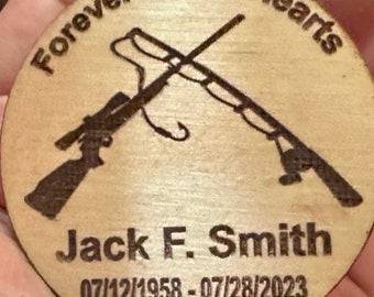 Hunting Rifle and Fishing Rod  Personalized Funeral Favor - Engraved Wood 2&quot; Memorial Token for Hunters and Fishermen or Outdoor Lovers