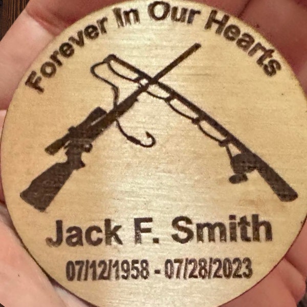 Hunting Rifle and Fishing Rod  Personalized Funeral Favor - Engraved Wood 1.75" Memorial Token for Hunters and Fishermen or Outdoor Lovers