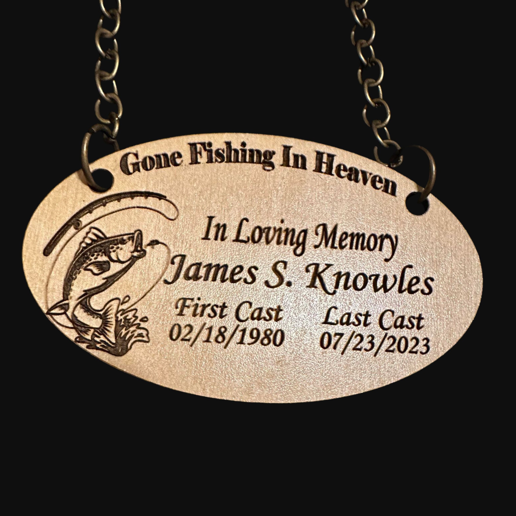 Personalized Fishing in Heaven Name Tag for Urns Christmas Ornament  Engraved Wood and Acrylic Keychain Funeral Favor and Token. 