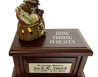 Gone Fishing Wood Keepsake Memorial Urn for ashes for adult humans.  Fishing in Heaven Keepsake for outdoors lovers, fishermen and hunters