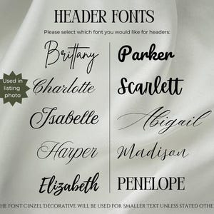 Puede incluir: Imagen que muestra una selecci&oacute;n de fuentes de encabezado, incluyendo Brittany, Parker, Charlotte, Scarlett, Isabelle, Abigail, Harper, Madison, Elizabeth y Penelope. Tambi&eacute;n se ve el texto "HEADER FONTS" y "Used in listing photo".