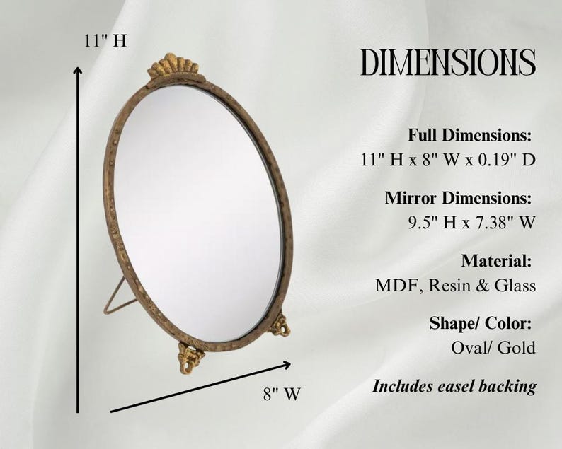 Puede incluir: Espejo de tocador ovalado dorado con respaldo de caballete. El espejo mide 28 cm de alto y 20 cm de ancho. Las dimensiones del espejo son 24 cm de alto y 19 cm de ancho. Fabricado en MDF, resina y vidrio.