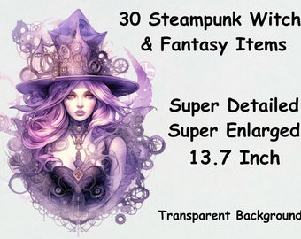 30  Purple Witch Watercolor Steampunk Watercolor Moon Witch Clipart Watercolor Clipart bundle PNG Transparent Background PNG Witch purple
