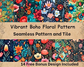 Boho Floral Digital Paper Patterns and Tiles-Boho Flowers paper pack floral journal Bohemian Flowers Backgrounds, Floral Card Pack