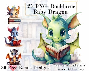 27 PNG Baby Dragon Akvarell Booklover Clipart Bundle, Reading Dragon Clip Art, Fantasy Reading Clipart, Reading Book Fantasy Book Clipart