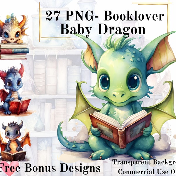 27 PNG Baby Dragon Watercolor Booklover Clipart Bundle, Reading Dragon Clip Art, Fantasy Reading Clipart, Reading Book Fantasy Book Clipart