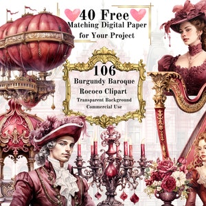 106 PNG Burgundy Baroque Rococo Watercolor Clipart: Baroque Red Clipart Bundle Commercial Use Printable Art Transparent Background