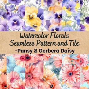 May include: A digital collage of watercolor floral patterns featuring pansies and gerbera daisies. The patterns are seamless and can be used for tiling. The text "Watercolor Florals Seamless Pattern and Tile - Pansy & Gerbera Daisy" is displayed on a brown background.
