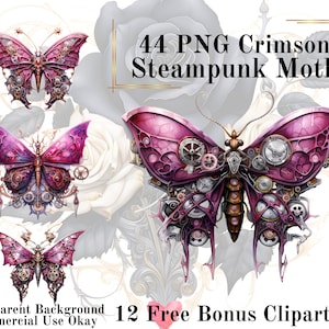 44 Rosa Steampunk Motte Aquarell Clipart Bundle-Aquarell Motte Violet PNG Transparenten Hintergrund PNG Märchen