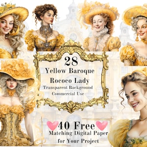 28 PNG Yellow Baroque Lady Watercolor Clipart: Baroque Rococo Vintage Lady Clipart Bundle scrapbooking Junk Journal Commercial Use Printable