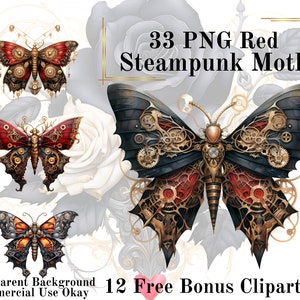 33 Rot Steampunk Moth Aquarell Clipart Bundle-Aquarell Moth Crimson PNG Transparenten Hintergrund PNG Fairytale