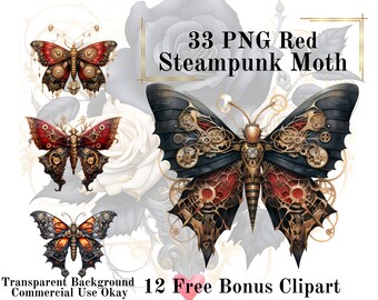 33 Red Steampunk Moth Watercolor Clipart Bundle-Watercolor Moth Crimson PNG Transparent Background PNG Fairytale