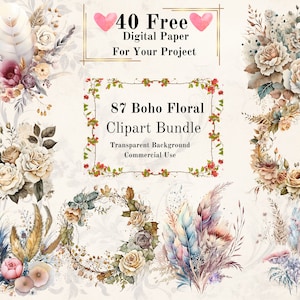 87 PNG Boho Flower and Pampas Watercolor Clipart Bundle: Junk Journal Boho Rose Bouquets PNG Boho Floral Wreath Pampas Wedding Invitation