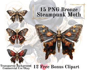 15 Bronze Steampunk Moth Watercolor Clipart Bundle-Watercolor Moth Bronze Transparent Background Fairytale Commercial Use Instant Download
