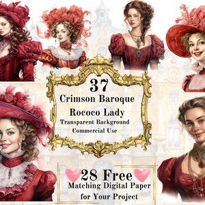 37 PNG Crimson Baroque Lady Watercolor Clipart: Baroque Rococo Red Lady Clipart Bundle scrapbooking Junk Journal Commercial Use Printable