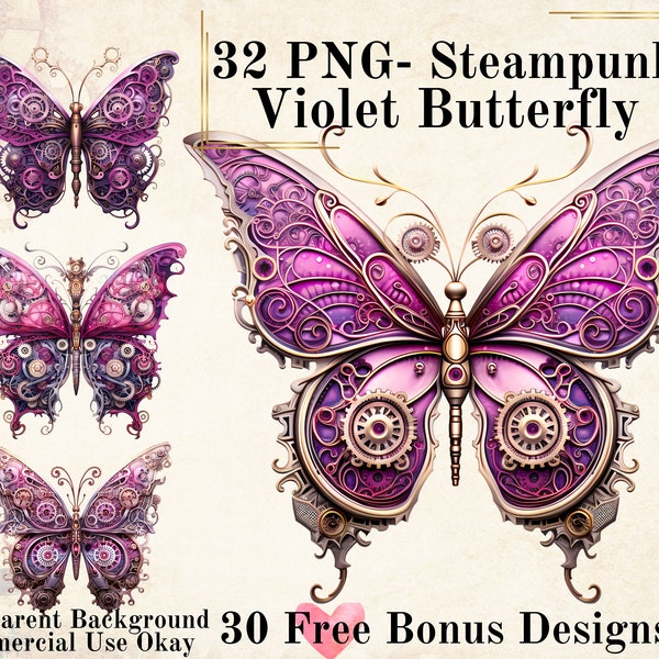 32 Violet Steampunk Butterfly Watercolor Clipart Bundle-Watercolor Butterfly Purple PNG Transparent Background PNG Fairytale