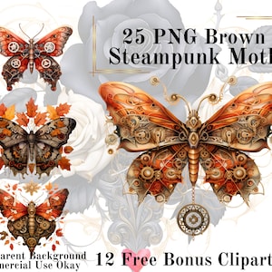 25 Braune Steampunk Moth Aquarell Clipart Bundle-Aquarell Moth Herbst PNG Transparenten Hintergrund PNG Märchen Kommerzielle Nutzung