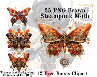 25 Brown Steampunk Moth Watercolor Clipart Bundle-Watercolor Moth Autumn PNG Transparent Background PNG Fairytale Commercial Use