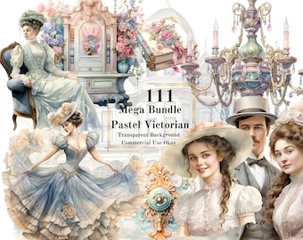 111 Pastel Victorian Watercolor Clipart Bundle –PNG Transparent Background Digital Download Fantasy Clipart of Pastel Victorian Era Image