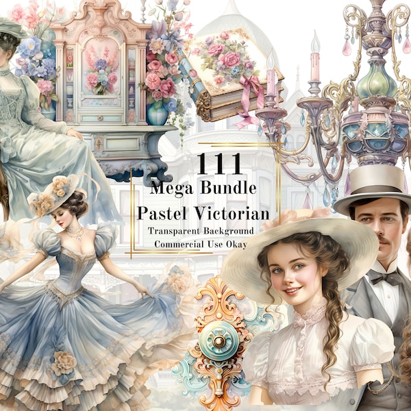 111 Pastel Victorian Watercolor Clipart Bundle –PNG Transparent Background Digital Download Fantasy Clipart of Pastel Victorian Era Image