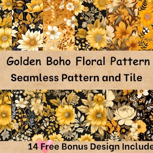 Golden Boho Summer Flower Watercolor Seamless Pattern and Tile- Vibrant Floral Pattern Watercolor Flower Pattern Seamless Floral Pattern
