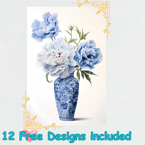 Vase of Blue Peony watercolor clipart bundle 16 high quality JPG - floral clipart Peony Blue in a vase watercolor clipart