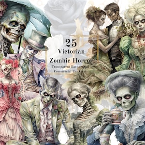 25 PNG Victorian Zombie Watercolor Clipart: Victorian Zombie Horror Clipart Bundle scrapbooking Junk Journal Commercial Use Printable Art