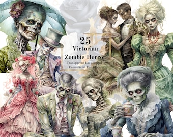 May include: A digital collage of 25 Victorian-era zombie illustrations. The images feature a variety of characters, including a bride and groom, a woman with a parasol, and a man in a top hat. The images are all in a dark and spooky style, with a focus on the undead.