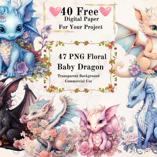 47 PNG Floral Baby Dragon Watercolor Clipart Bundle: Junk Journal adorable woodland baby dragon baby magical dragon baby fantasy baby dragon