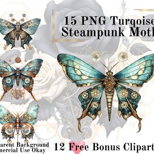 15 Türkis Steampunk Moth Aquarell Clipart Bundle-Aquarell Moth Blau PNG Transparenten Hintergrund PNG Märchen