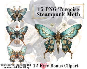 15 Turquoise Steampunk Moth Watercolor Clipart Bundle-Watercolor Moth Blue PNG Transparent Background PNG Fairytale