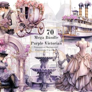 Könnte beinhalten: Eine digitale Collage von viktorianischen Bildern in Lila- und Rosatönen. Die Bilder zeigen eine Pferdekutsche, ein altes Dampfschiff, einen Springbrunnen, eine Frau in einem Kleid und ein Paar in historischen Kostümen. Der Text "70 Mega Bundle Purple Victorian Transparent Background Commercial Use Okay" ist im Bild enthalten.