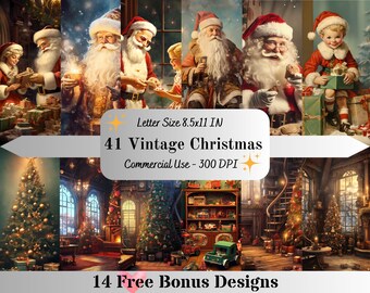 41 digitala utskrivbara vintagejulpapper - Letter-storlek, vintagejulbakgrund, jul, jultomtebakgrund, jultomte, scrapbooking