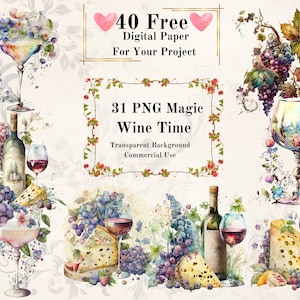 31 PNG Fantasy Floral Wine Time aquarel clipart bundel: Junk Journal magische bloem wijnfles en wijnglas clipart kaas en wijn set