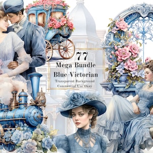 Pacchetto di clipart acquerello vittoriano blu – 77 PNG sfondo trasparente Download digitale Clipart fantasy di epoca vittoriana blu ceruleo
