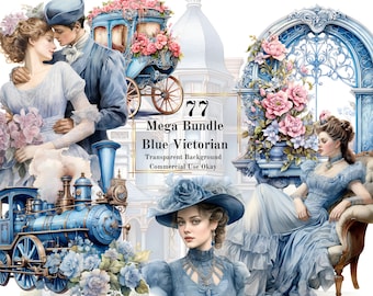 Blue Victorian Watercolor Clipart Bundle – 77 PNG Transparent Background Digital Download Fantasy Clipart of Victorian Era Cerulean Blue