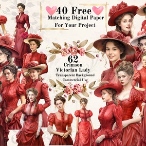 Clipart aquarelle dame victorienne cramoisi PNG 62 : ensemble de cliparts dame victorienne vintage rouge Junk Journal commercial fond transparent