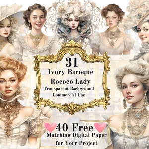 31 PNG Ivory Baroque Lady Watercolor Clipart: Baroque Rococo Vintage Lady Clipart Bundle scrapbooking Junk Journal Commercial Use Printable