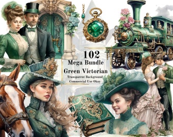 102 Emerald Victorian Watercolor Clipart Bundle –PNG Transparent Background Digital Download Fantasy Clipart of Green Victorian Era Emerald