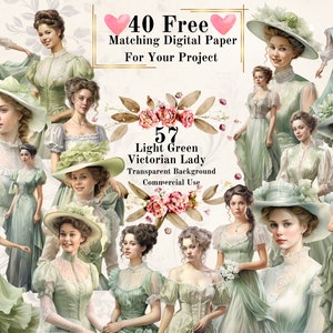 57 PNG Light Green Victorian Lady Watercolor Clipart: Victorian Vintage Lady Clipart Bundle Junk Journal Commercial Transparent Background