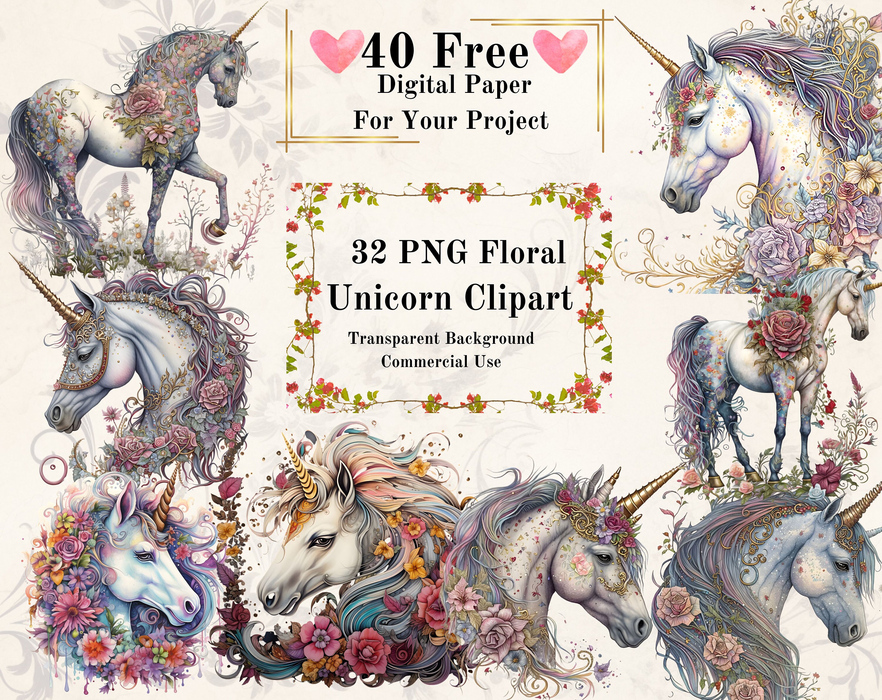 32 PNG Fantasy Floral Unicorn Watercolor Clipart Bundle: Junk Journal ...
