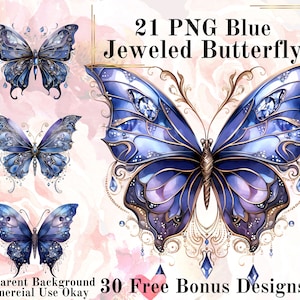 21 Azul Jeweled Mariposa Acuarela Clipart Paquete-Acuarela Mariposa Lila PNG Fondo Transparente PNG Cuento de Hadas caketop Mariposa