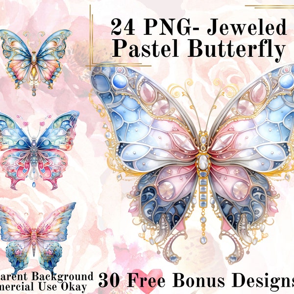 24 Pastel Jeweled Butterfly Watercolor Clipart Bundle-Watercolor Butterfly Pink PNG Transparent Background PNG caketop Butterfly SVG